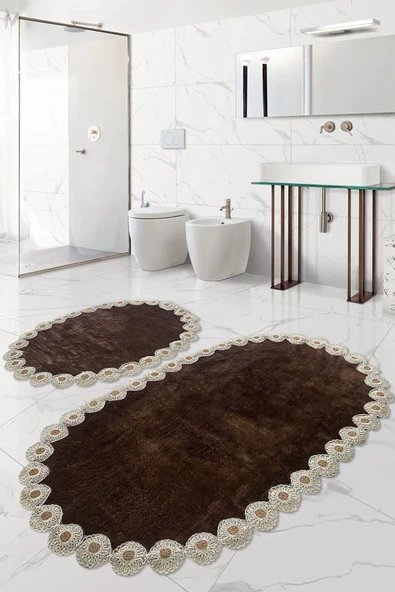 Gülruba Oval Kahve Çeyizlik Dantelli 2'li Banyo Paspası Seti Kaymaz Tabanlı Klozet Takımı