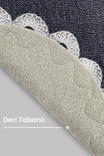 Gülruba Oval Antrasit Çeyizlik Dantelli 2'li Banyo Paspası Seti Kaymaz Tabanlı Klozet Takımı - 3