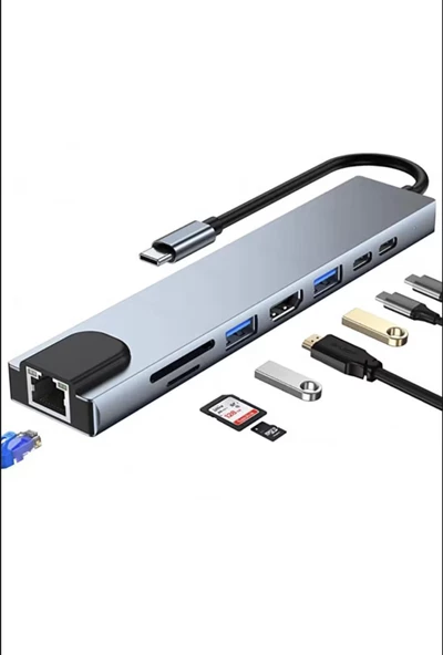 Shaza 8in1 USB Type-C Hub Port Adaptör HDMI USB Ethernet PD Girişli - SF6001/GR BLUE