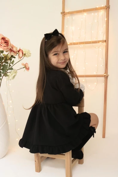 Kız Çocuk Ruby Siyah Uzun Kollu Dantel Detaylı Fırfırlı Elbise Bandana Takım - Resim 5