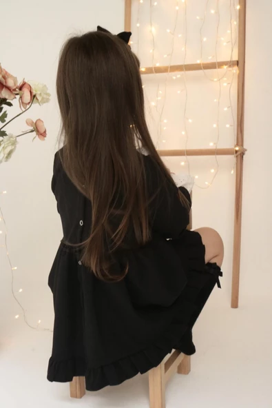 Kız Çocuk Ruby Siyah Uzun Kollu Dantel Detaylı Fırfırlı Elbise Bandana Takım - Resim 6