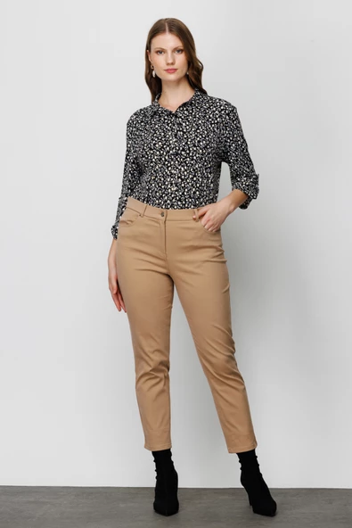 Ekol Minimalist Midi Kadın Pantolon - Yüksek Bel, Dar Kesim, Günlük & Ofis - Resim 2