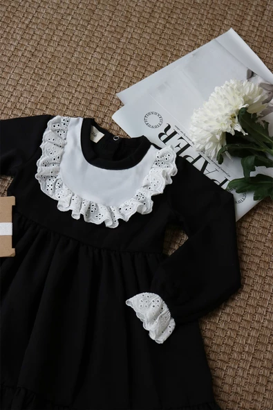Kız Çocuk Ruby Siyah Uzun Kollu Dantel Detaylı Fırfırlı Elbise Bandana Takım - Resim 2