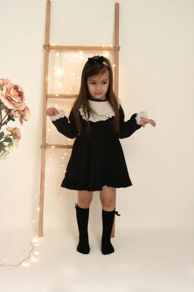 Kız Çocuk Ruby Siyah Uzun Kollu Dantel Detaylı Fırfırlı Elbise Bandana Takım - Resim 3