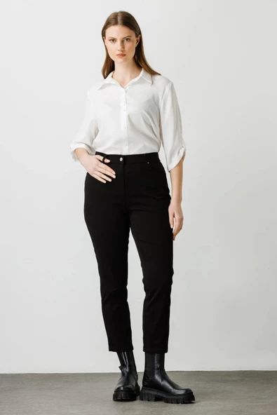 Ekol Minimalist Midi Kadın Pantolon - Yüksek Bel, Dar Kesim, Günlük & Ofis - Resim 6