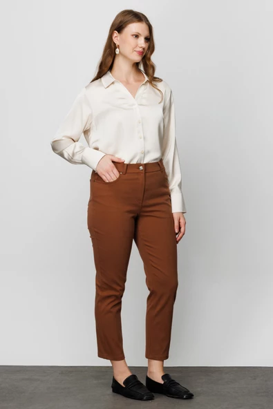 Ekol Minimalist Midi Kadın Pantolon - Yüksek Bel, Dar Kesim, Günlük & Ofis - Resim 7