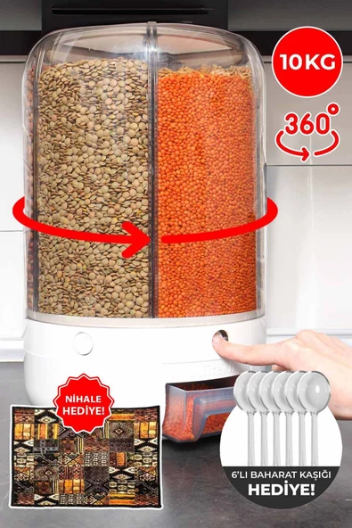 ALİTECH 10 Kg Kapatsiteli Styles Gıda Ve Bakliyat, Saklama Kabı, 6 Gözlü, Organizeri 360 Derece Dönebilen