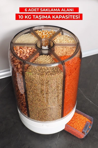 ALİTECH 10 Kg Kapatsiteli Styles Gıda Ve Bakliyat, Saklama Kabı, 6 Gözlü, Organizeri 360 Derece Dönebilen - 3