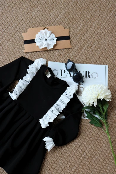 Kız Çocuk Elena Güpürlü Fırfırlı Elbise Bandana Takım ELB-0087.2 - Resim 8