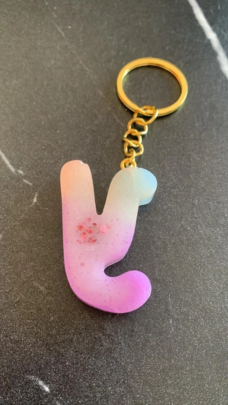 Y Harfi Gökkuşağı Renkleri Kırmızı Sim Süsleme Anahtarlık Gold Aksesuarlı El Yapımı Epoksi - 6