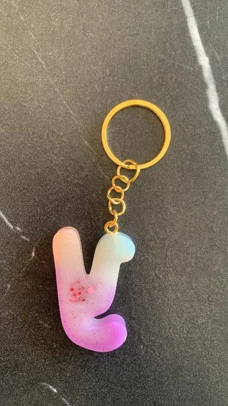 Y Harfi Gökkuşağı Renkleri Kırmızı Sim Süsleme Anahtarlık Gold Aksesuarlı El Yapımı Epoksi - 4