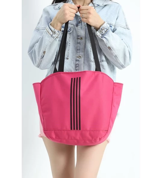 pembe Yumuşak Bez Kumaş Kol Ve Omuz Çantası ağzı fermuarlı kadın çanta çizgili - 4