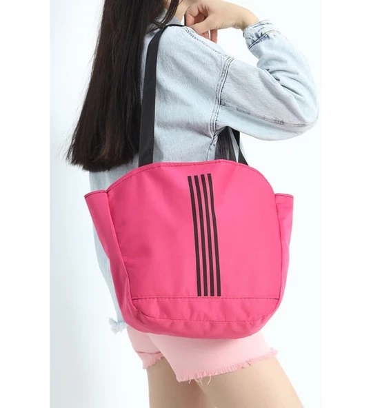 pembe Yumuşak Bez Kumaş Kol Ve Omuz Çantası ağzı fermuarlı kadın çanta çizgili - 5