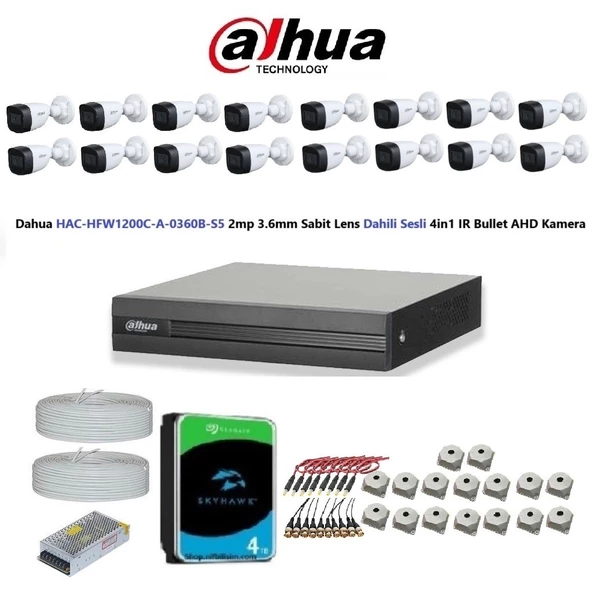 Dahua 2mp 16 kameralı Dış Ortam Dahili Sesli Full Kamera Seti 4TB Disk HAC-HFW1200C-A-0360B