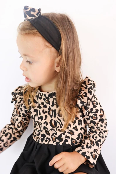 Kız Çocuk  Leopar Desenli Uzun Kollu Fırfırlı Elbise Bandana Takım ELB-0059 - 7