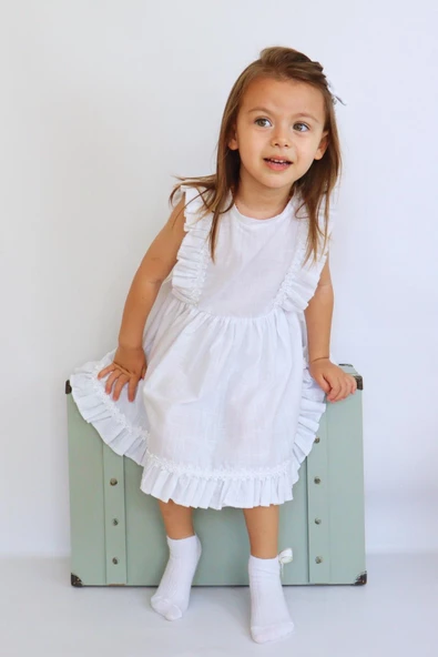 Kız Çocuk Eloise Beyaz Fisto Elbise Toka Takım ELB-0084. - 2