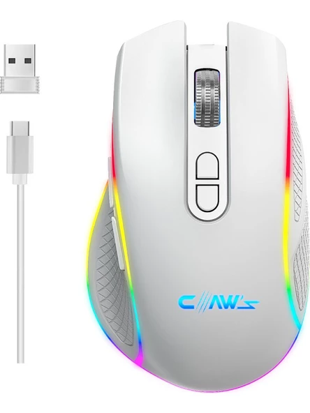 Claw's Nova Air V1 Kablosuz 10000 Dpi Pixart PMW3325 Sensör Makro Yazılımlı & 8 Tuşlu RGB Kablosuz Gaming Mouse - Beyaz (2.4 GHz Kablosuz + BT5.1 + Type-C ile Kullanım Desteği)