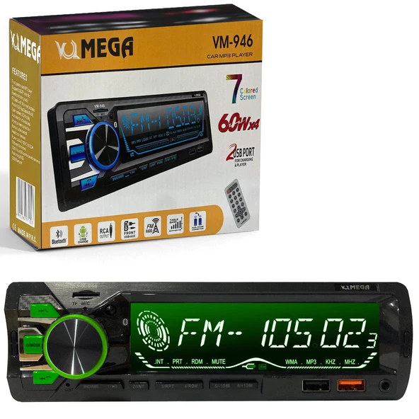 4X60 Watt 7 Renkli  Büyük Ekran 2xUsb Sd Fm Aux Bluetooth Oto Teyp MEGA VM-946