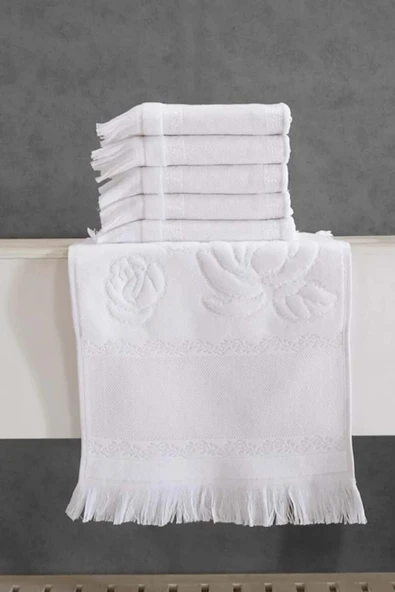 Fiesta 6 Adet Etamin Bordürlü Kadife Jakarlı Soft İşlemelik Havlu (50x90)-Beyaz - 3