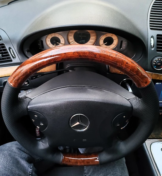 Mercedes W211 E220 Araca Özel Dikmeli Direksiyon Kılıfı (AHŞAP SOFT NOKTA DERİ) - Resim 3