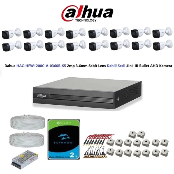 Dahua 2mp 16 kameralı Dış Ortam Dahili Sesli Full Kamera Seti 2TB Disk HAC-HFW1200C-A-0360B