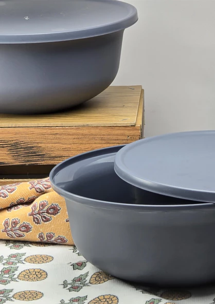 Plastik Saklama Kabı Seti - 2li Mutfak Saklama Kabı Takımı - 2 Litre, 23 CM - Gri - 2