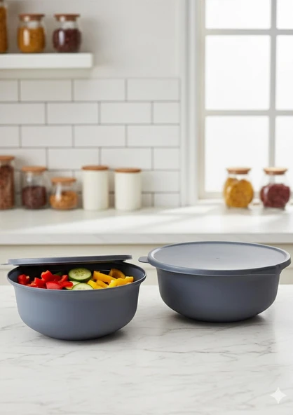 Plastik Saklama Kabı Seti - 2li Mutfak Saklama Kabı Takımı - 2 Litre, 23 CM - Gri