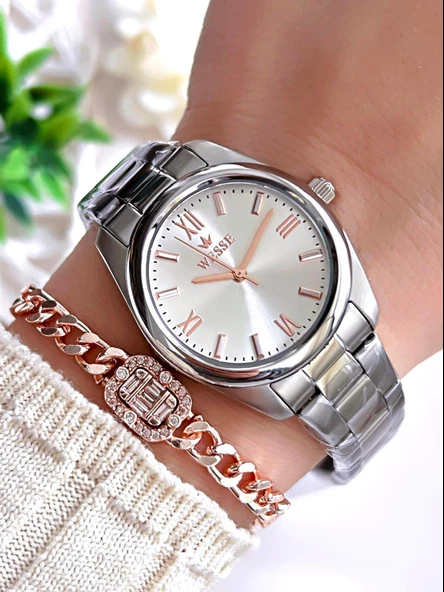 Wesse Çelik Kordon Takvimli Kadran 5 Atm Suya Dayanıklı Kadın Kol Saati+Bileklik BW.112202.GR ürün görseli