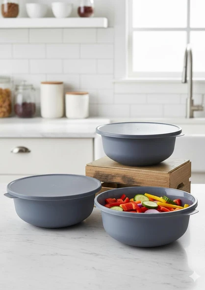 Plastik Saklama Kabı Seti - 3lü Mutfak Saklama Kabı Takımı - 2 Litre, 23 CM - Gri