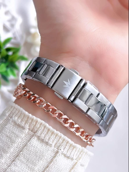 Wesse Çelik Kordon Takvimli Kadran 5 Atm Suya Dayanıklı Kadın Kol Saati+Bileklik BW.112202.GR - Resim 3