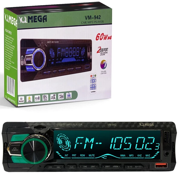 4X60 Watt 7 Renkli  Büyük Ekran 2xUsb Sd Fm Aux Bluetooth Oto Teyp MEGA VM-942