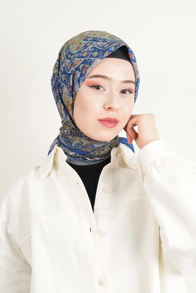 Etnik Desen Soft Eşarp - Saks Mavisi