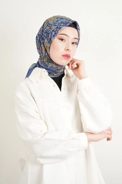 Etnik Desen Soft Eşarp - Saks Mavisi - 2