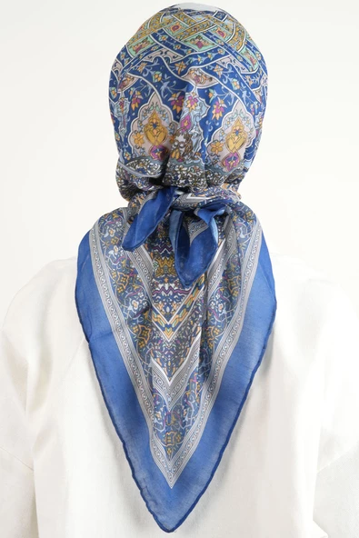 Etnik Desen Soft Eşarp - Saks Mavisi - 3