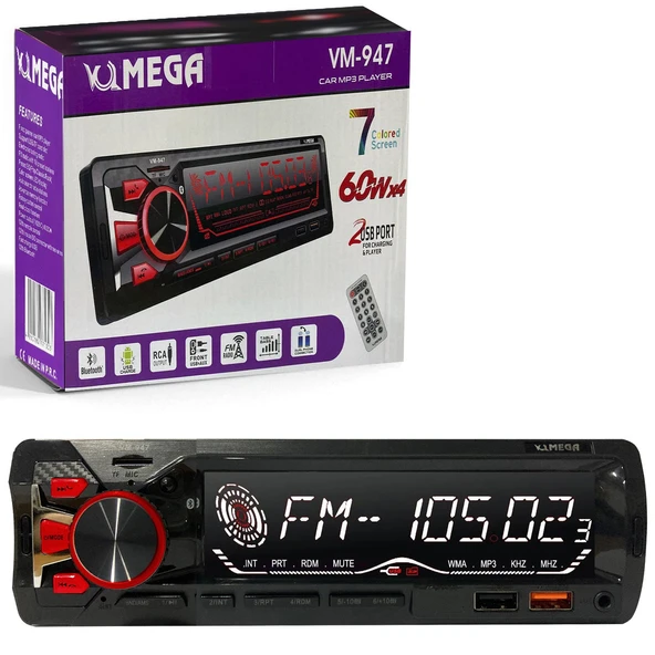 4X60 Watt 7 Renkli  Büyük Ekran 2xUsb Sd Fm Aux Bluetooth Oto Teyp MEGA VM-947