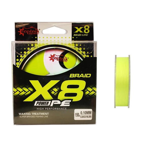 Captain X8 Power PE 0.22 mm 150m Lemon Yellow 8 Örgü İp Misina 22.68kg Çeker
