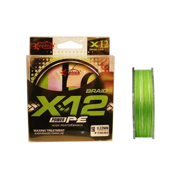 Captain X12 Power PE 0.22 mm 150m Green White 12 Örgü İp Misina 16kg Çeker