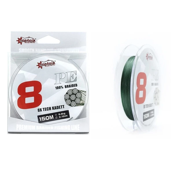 Captain X8 Kadett Tech 0.18 mm 150m Dark Green 8 Kat İp Misina 18kg Çeker
