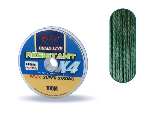 Captain Resistant PE 0.40 mm 100m Yeşil 4 Kat İp Misina 33.57kg Çeker
