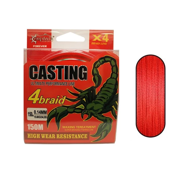 Captain Casting PE 0.10 mm 150m Kırmızı 4 Kat İp Misina 8.16kg Çeker