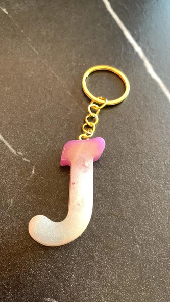 J Harfi Gökkuşağı Renkleri Kırmızı Sim Süsleme Anahtarlık Gold Aksesuarlı El Yapımı Epoksi - 6