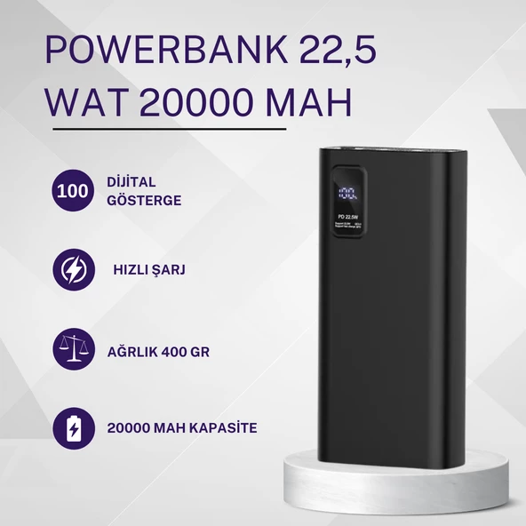 TRAVEL 20000 mAh Powerbank – 22.5W Hızlı Şarj, Mobil Cihazlar İçin Yüksek Performanslı Şarj Cihazı