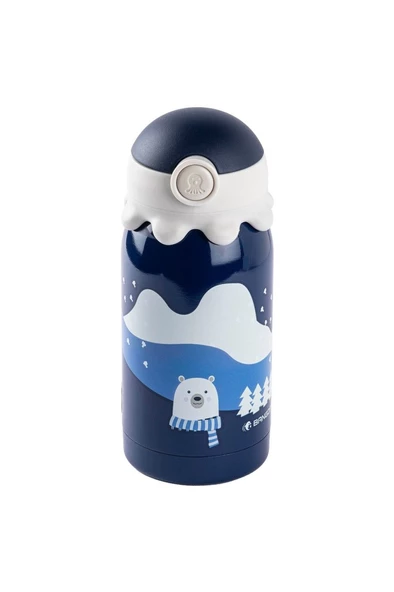 BANGDA MAVİ PASLANMAZ ÇELİK AYICIK DESENLİ ÇANTALI ÇOCUK TERMOSU 350ML - 2