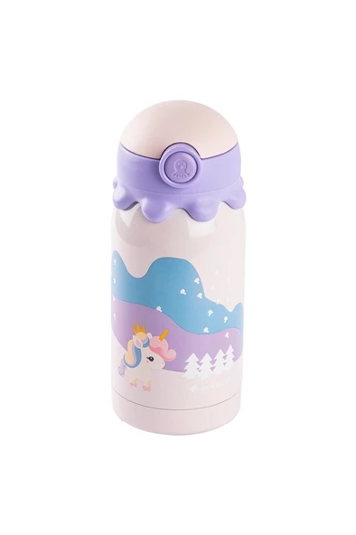 BANGDA PEMBE PASLANMAZ ÇELİK UNICORN DESENLİ ÇANTALI ÇOCUK TERMOSU 350ML - 2