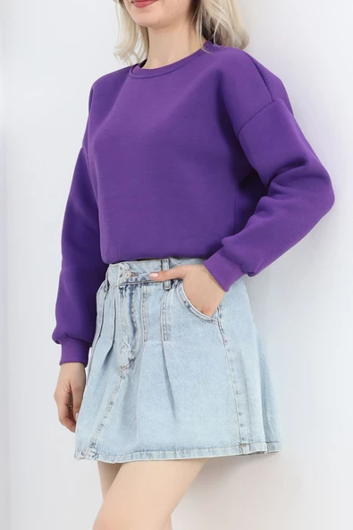 Bisiklet Yaka 3 İplik Crop Sweat Mor - 20968.1878. - Resim 3