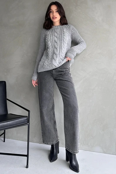 Bisiklet Yaka Örgü Desenli Triko Kazak Gri - A2040 - Resim 2