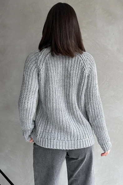 Bisiklet Yaka Örgü Desenli Triko Kazak Gri - A2040 - Resim 4