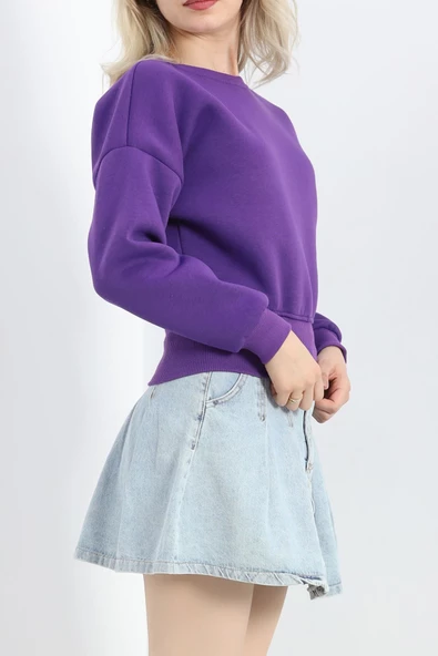 Bisiklet Yaka 3 İplik Crop Sweat Mor - 20968.1878. - Resim 5