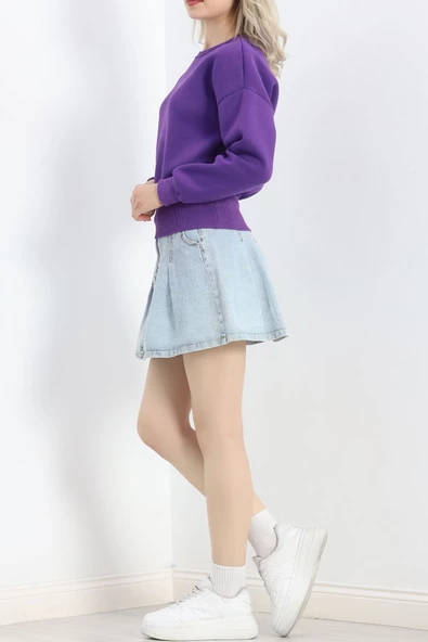 Bisiklet Yaka 3 İplik Crop Sweat Mor - 20968.1878. - Resim 4