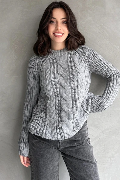 Bisiklet Yaka Örgü Desenli Triko Kazak Gri - A2040 - Resim 3